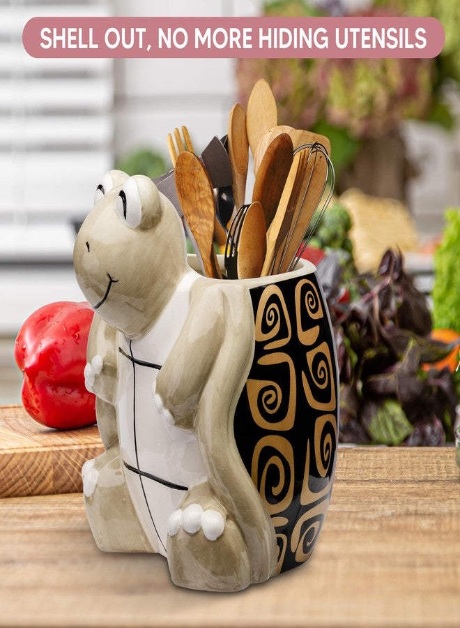 Sixdrop Turtle Kitchen Utensil Holder - Sea Turtle Storage Crock - Tortoise Home Decorations - Gift Decor - Office Holiday Theme Party Accessories - Lucky Gold Spirals - Image 3